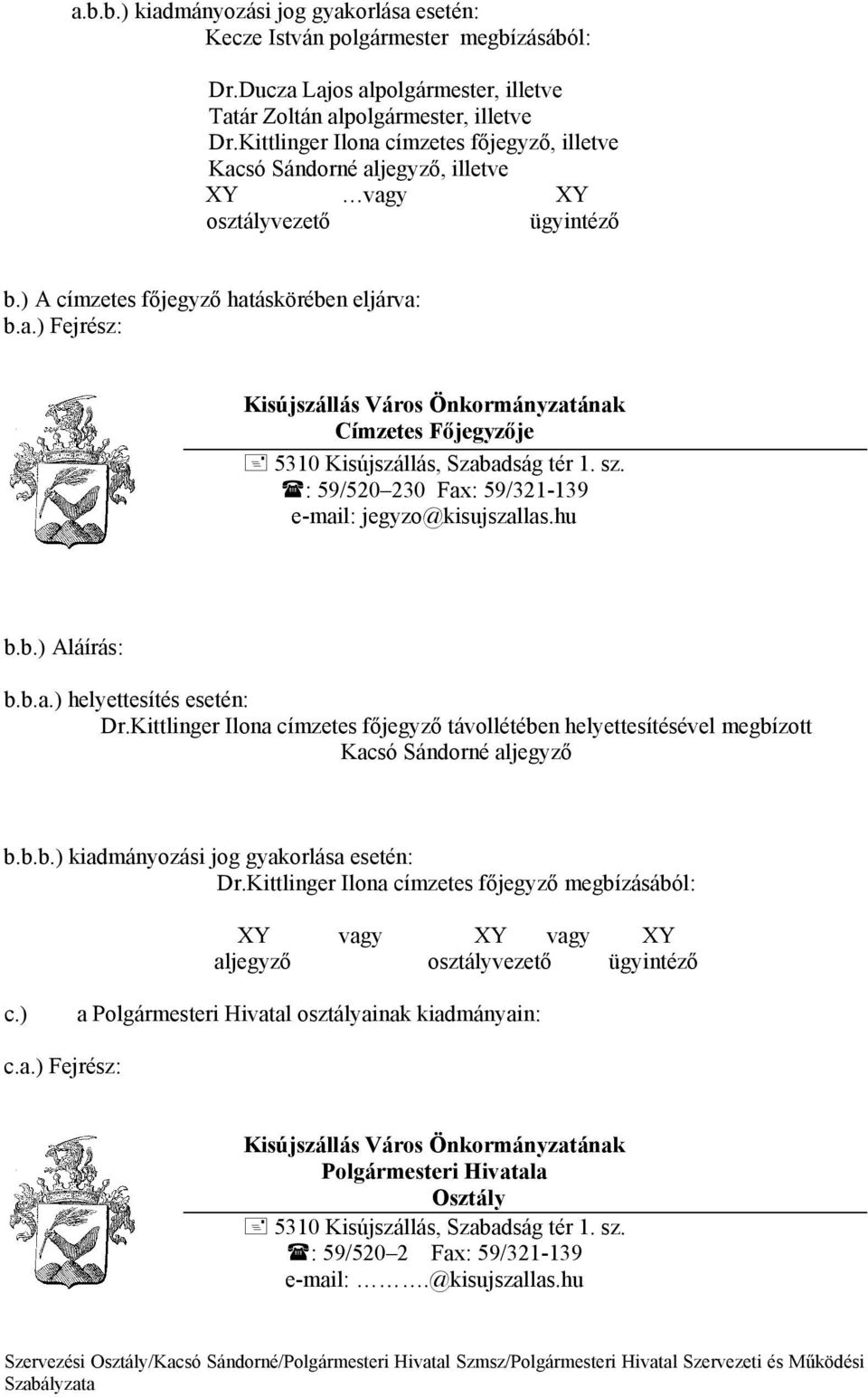 sz. : 59/520 230 Fax: 59/321-139 e-mail: jegyzo@kisujszallas.hu b.b.) Alírs: b.b.a.) helyettesíts esetn: Dr.