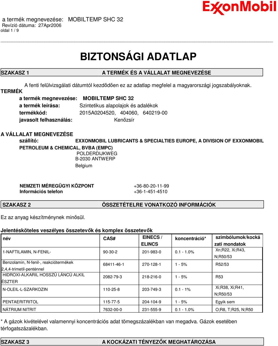 szállító: PETROLEUM & CHEMICAL, BVBA (EMPC) POLDERDIJKWEG B-2030 ANTWERP Belgium EXXONMOBIL LUBRICANTS & SPECIALTIES EUROPE, A DIVISION OF EXXONMOBIL NEMZETI MÉREGÜGYI KÖZPONT +36-80-20-11-99