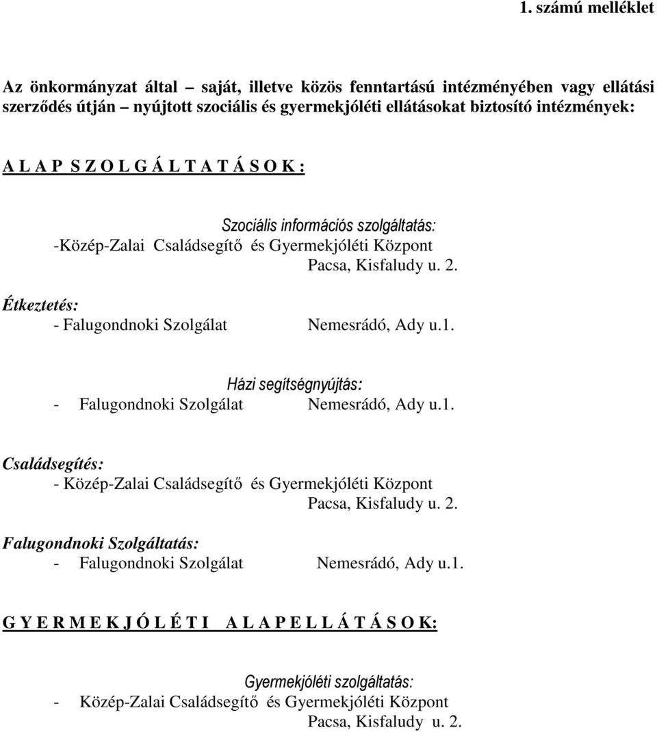 Étkeztetés: - Falugondnoki Szolgálat Nemesrádó, Ady u.1. Házi segítségnyújtás: - Falugondnoki Szolgálat Nemesrádó, Ady u.1. Családsegítés: - Közép-Zalai Családsegítı és Gyermekjóléti Központ Pacsa, Kisfaludy u.