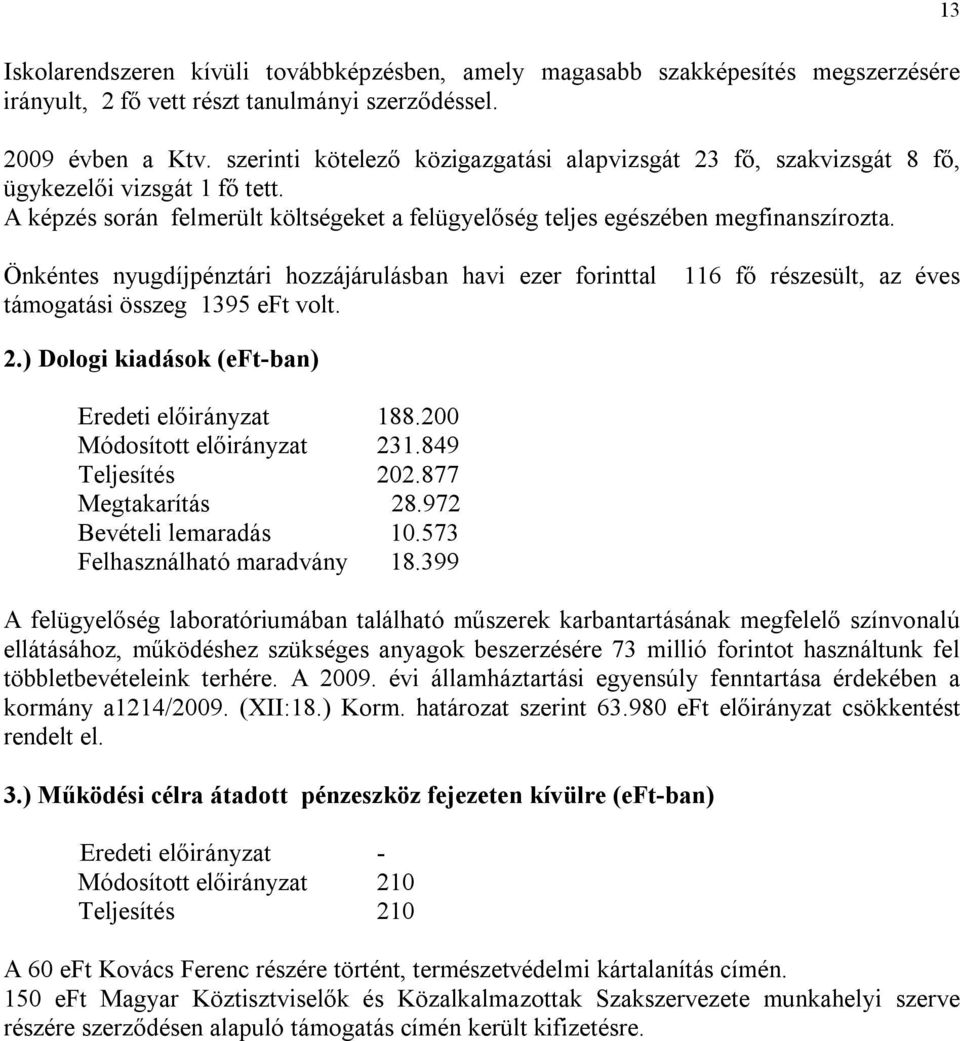 13 Önkéntes nyugdíjpénztári hozzájárulásban havi ezer forinttal támogatási összeg 1395 eft volt. 116 fő részesült, az éves 2.) Dologi kiadások (eft-ban) Eredeti előirányzat 188.