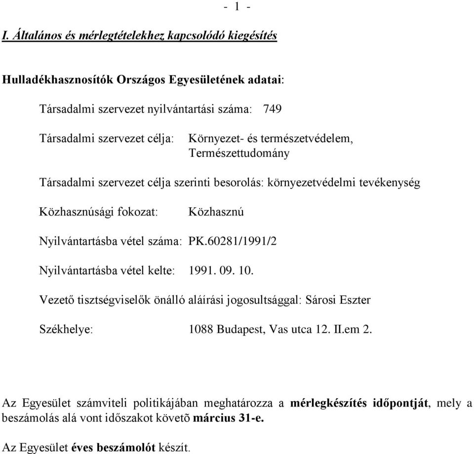 Környezet- és természetvédelem, Természettudomány Társadalmi szervezet célja szerinti besorolás: környezetvédelmi tevékenység Közhasznúsági fokozat: Közhasznú Nyilvántartásba vétel