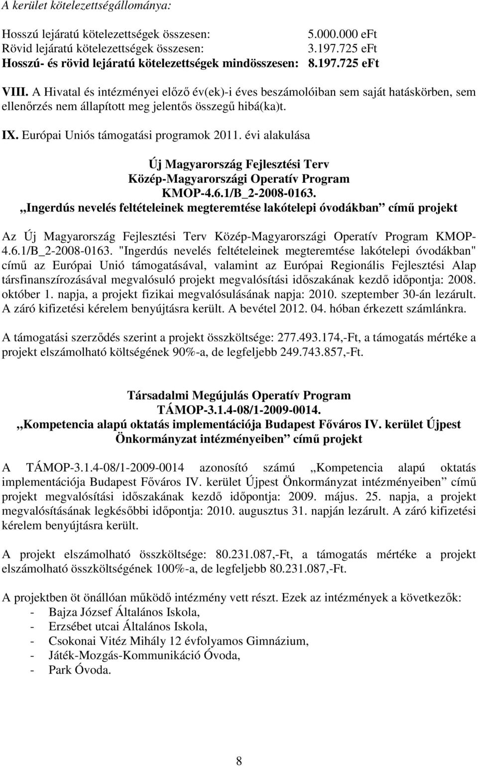 A Hivatal és intézményei elızı év(ek)-i éves beszámolóiban sem saját hatáskörben, sem ellenırzés nem állapított meg jelentıs összegő hibá(ka)t. IX. Európai Uniós támogatási programok 2011.