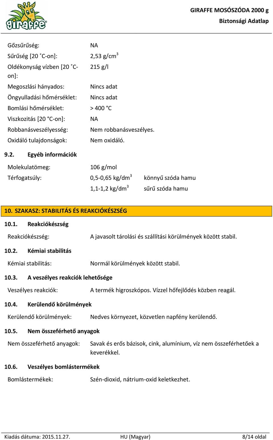 106 g/mol Térfogatsúly: 0,5-0,65 kg/dm 3 könnyű szóda hamu 1,1-1,2 kg/dm 3 sűrű szóda hamu 10. SZAKASZ: STABILITÁS ÉS REAKCIÓKÉSZSÉG 10.1. Reakciókészség Reakciókészség: A javasolt tárolási és szállítási körülmények között stabil.