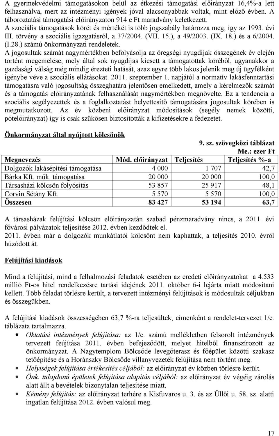 törvény a szociális igazgatásról, a 37/2004. (VII. 15.), a 49/2003. (IX. 18.) és a 6/2004. (I.28.) számú önkormányzati rendeletek.