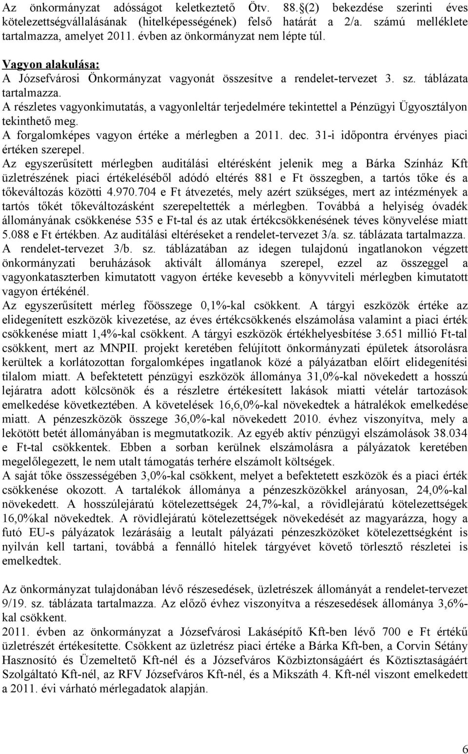 A részletes vagyonkimutatás, a vagyonleltár terjedelmére tekintettel a Pénzügyi Ügyosztályon tekinthető meg. A forgalomképes vagyon értéke a mérlegben a 2011. dec.