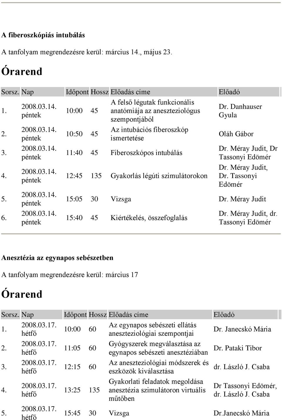 Danhauser Gyula Oláh Gábor Dr. Méray Judit, Dr Tassonyi Edömér Dr. Méray Judit, Dr. Tassonyi Edömér 15:05 30 Vizsga Dr. Méray Judit 15:40 45 Kiértékelés, összefoglalás Dr. Méray Judit, dr.