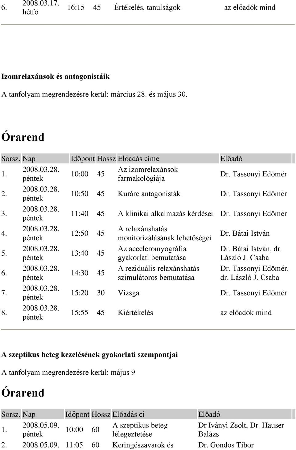 Tassonyi Edömér 12:50 45 13:40 45 14:30 45 A relaxánshatás monitorizálásának lehetőségei Az acceleromyográfia gyakorlati bemutatása A reziduális relaxánshatás szimulátoros bemutatása Dr.