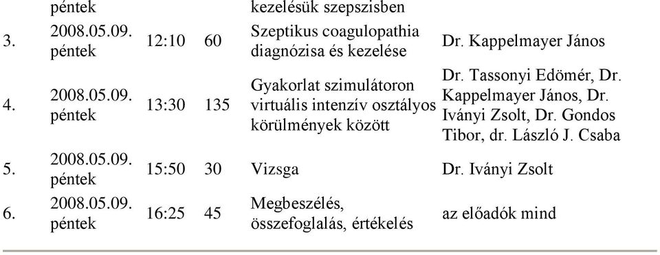 Gyakorlat szimulátoron virtuális intenzív osztályos körülmények között Dr.