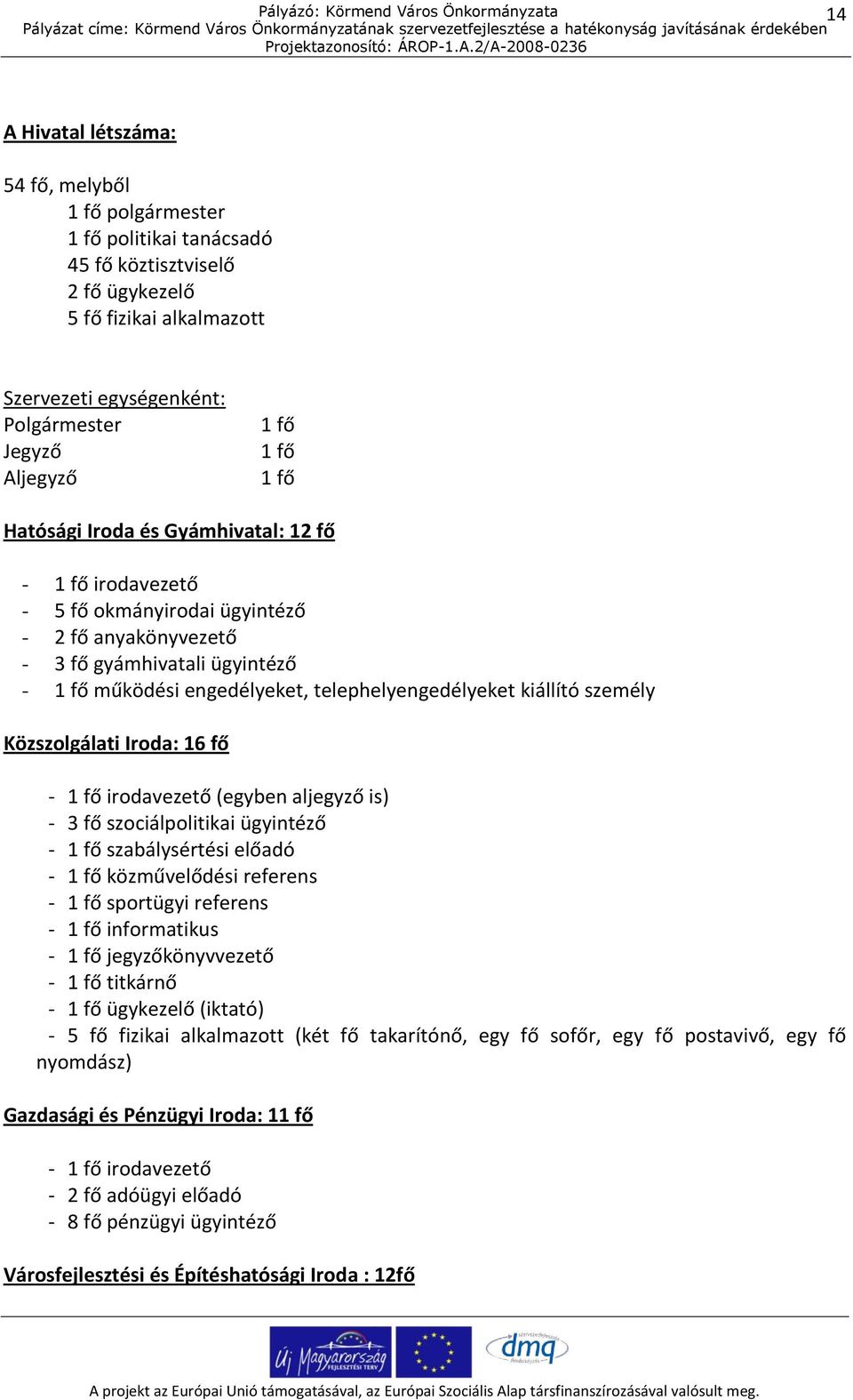 telephelyengedélyeket kiállító személy Közszolgálati Iroda: 16 fő - 1 fő irodavezető (egyben aljegyző is) - 3 fő szociálpolitikai ügyintéző - 1 fő szabálysértési előadó - 1 fő közművelődési referens