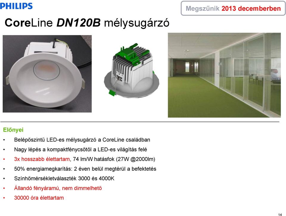 élettartam, 74 lm/w hatásfok (27W @2000lm) 50% energiamegkarítás: 2 éven belül megtérül a