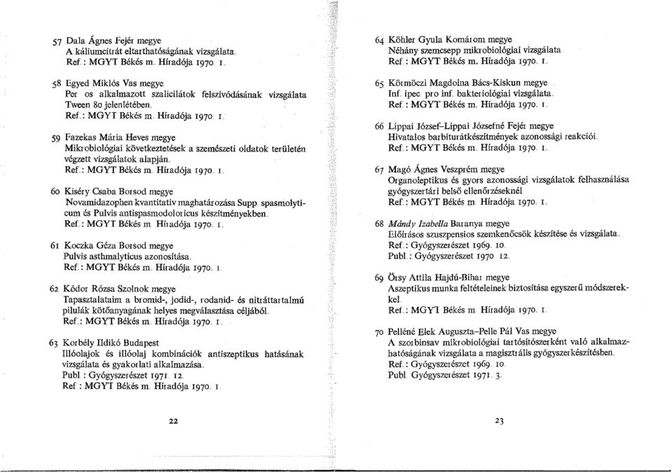 Híradója 1970 L 59 Fazekas Mária Heves megye Mikrobiológiai következtetések a szemészeti oldatok területén végzett vizsgálatok alapján. Ref: MGYT Békés m. Híradója 1970. l.