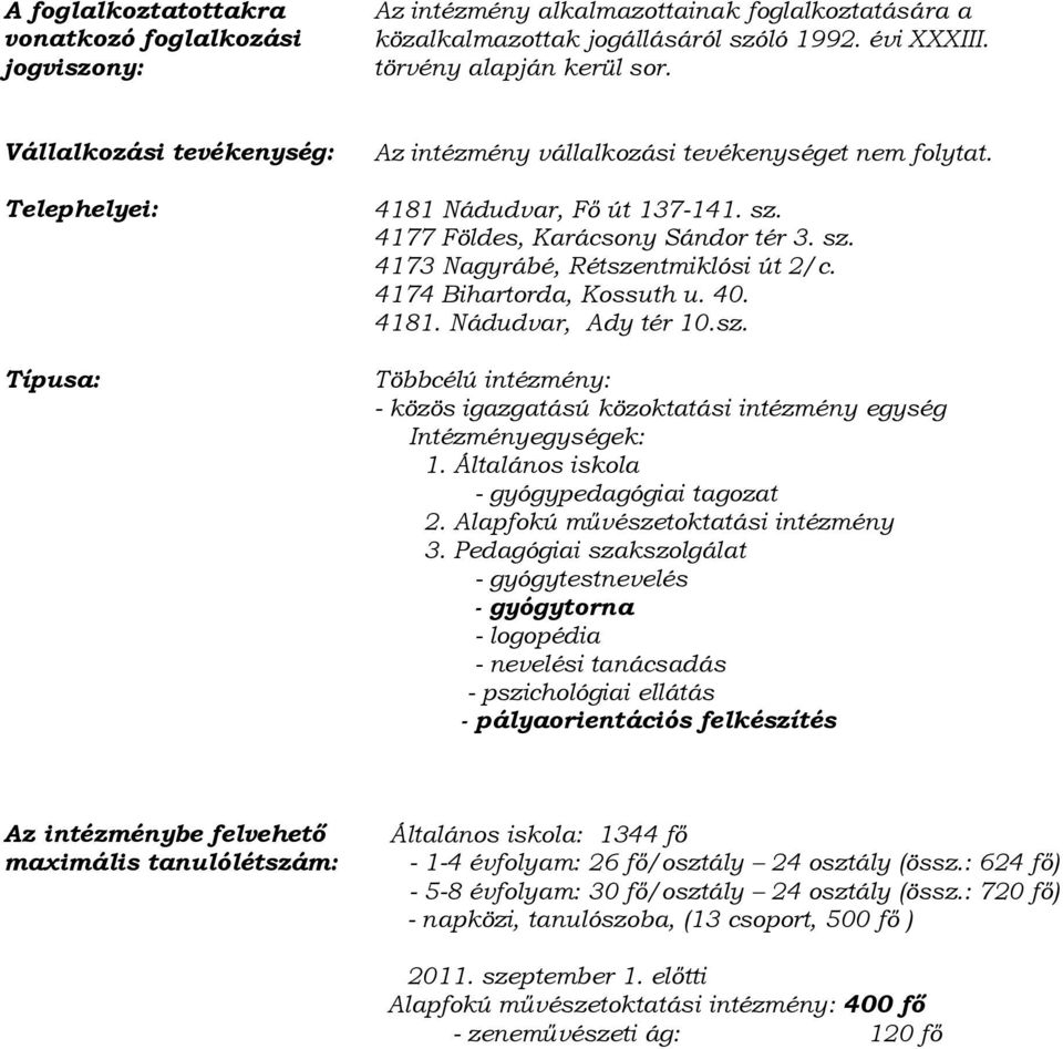 4174 Bihartorda, Kossuth u. 40. 4181. Nádudvar, Ady tér 10.sz. Többcélú intézmény: - közös igazgatású közoktatási intézmény egység Intézményegységek: 1. Általános iskola - gyógypedagógiai tagozat 2.