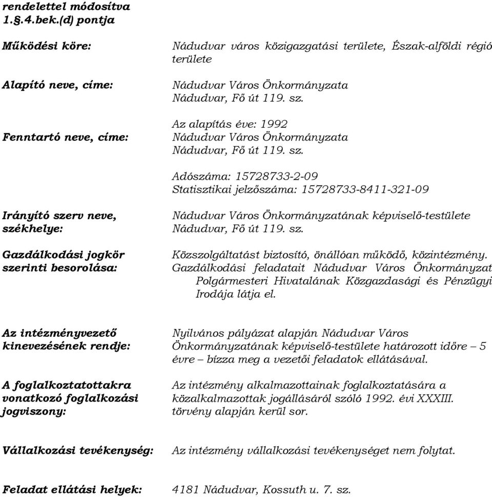 Az alapítás éve: 1992 Nádudvar Város Önkormányzata Nádudvar, Fő út 119. sz.