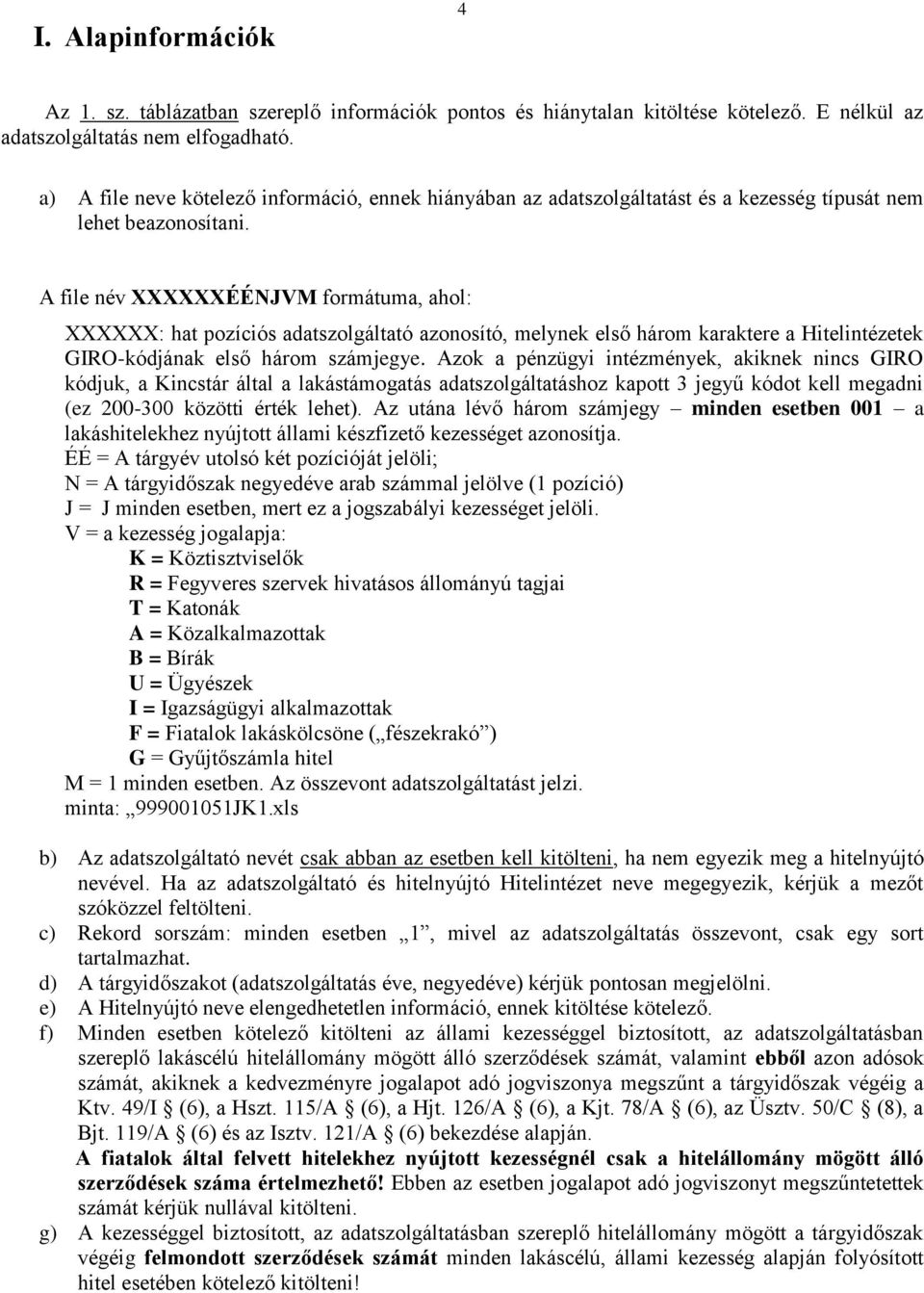 A file név XXXXXXÉÉNJVM formátuma, ahol: XXXXXX: hat pozíciós adatszolgáltató azonosító, melynek első három karaktere a Hitelintézetek GIRO-kódjának első három számjegye.