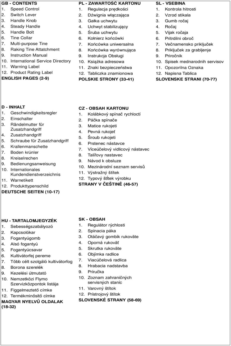 Uchwyt stabilizujący 5. Śruba uchwytu 6. Kołnierz końcówki 7. Końcówka uniwersalna 8. Końcówka wyrównująca 9. Instrukcja Obsługi 10. Książka adresowa 11. Znaki bezpieczeństwa 12.