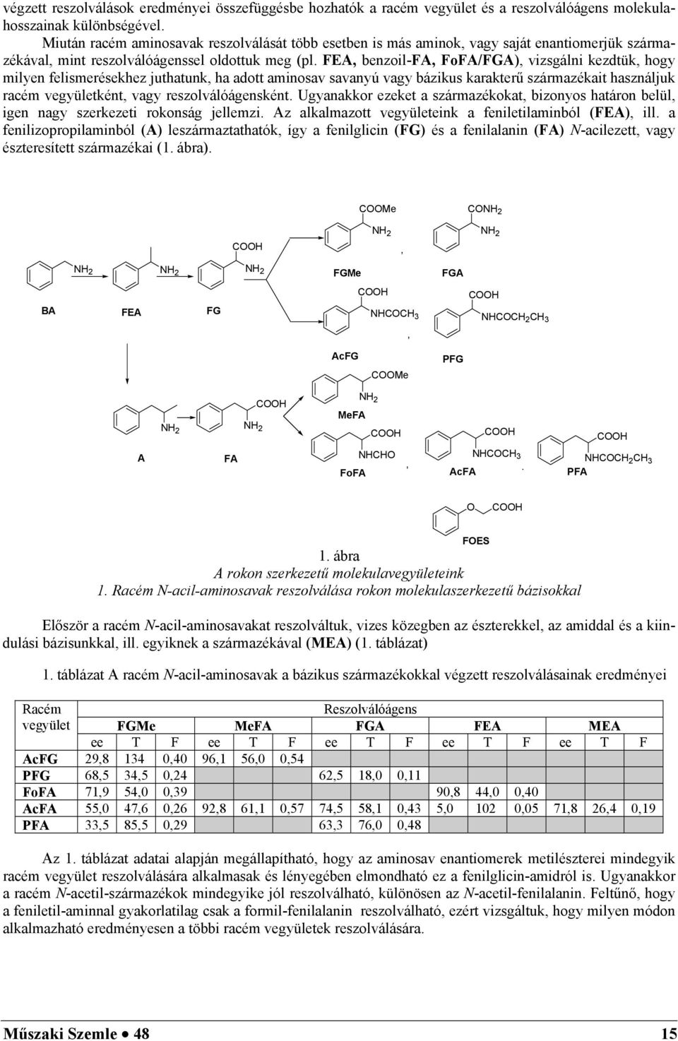FEA, benzoil-fa, FoFA/FGA), vizsgálni kezdtük, hogy milyen felismerésekhez juthatunk, ha adott aminosav savanyú vagy bázikus karakterű származékait használjuk racém vegyületként, vagy