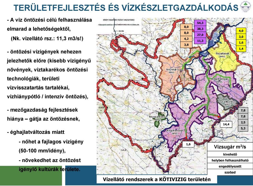 területi vízvisszatartás tartalékai, vízhiánypótló / intenzív öntözés), - mezőgazdaság fejlesztések hiánya gátja az öntözésnek, - éghajlatváltozás miatt - nőhet a fajlagos