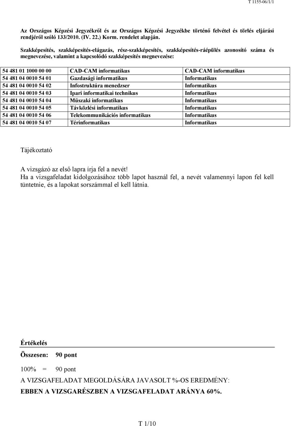 informatikus CAD-CAM informatikus 54 481 04 0010 54 01 Gazdasági informatikus Informatikus 54 481 04 0010 54 02 Infostruktúra menedzser Informatikus 54 481 04 0010 54 03 Ipari informatikai technikus