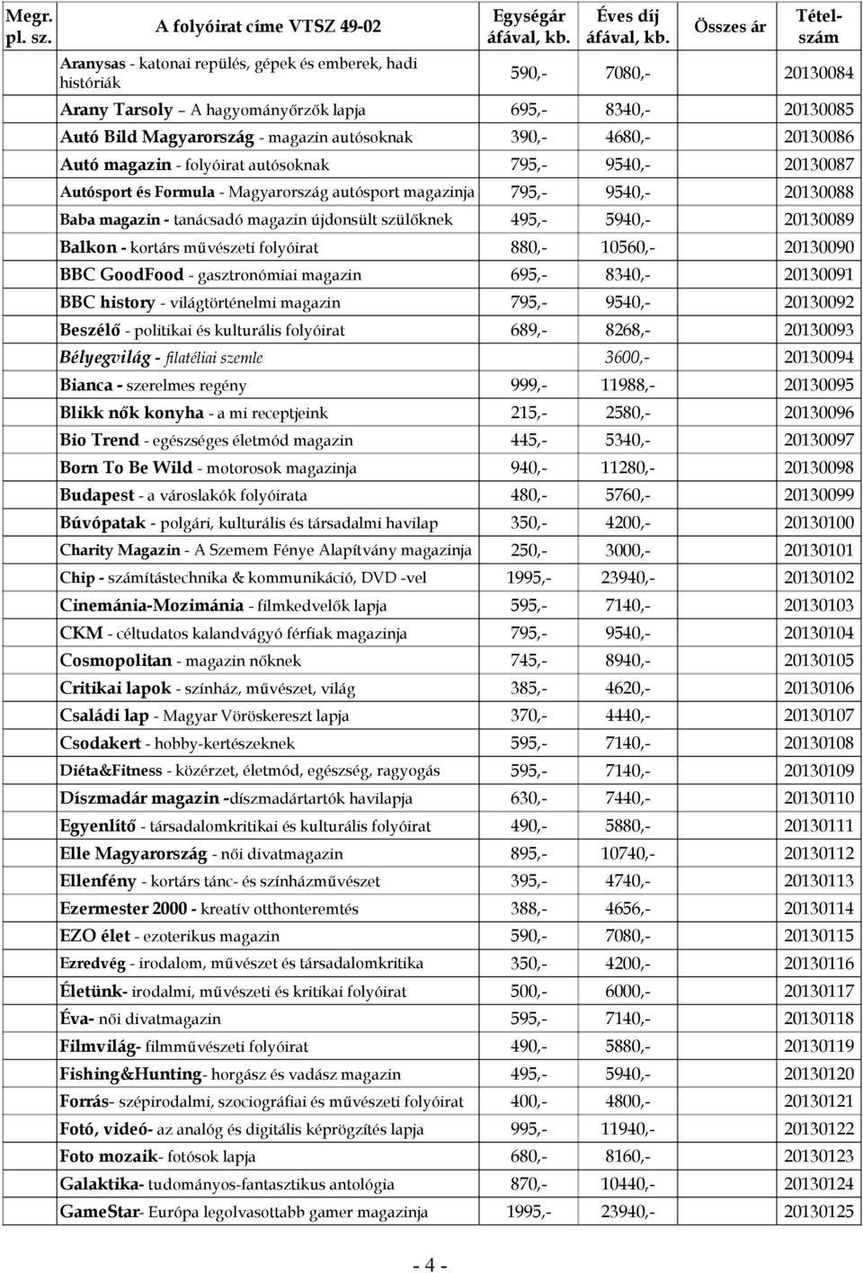 495,- 5940,- 20130089 Balkon - kortárs művészeti folyóirat 880,- 10560,- 20130090 BBC GoodFood - gasztronómiai magazin 695,- 8340,- 20130091 BBC history - világtörténelmi magazin 795,- 9540,-