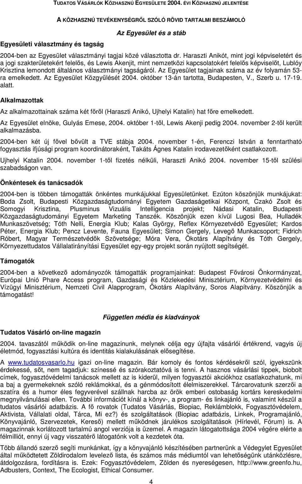 tagságáról. Az Egyesület tagjainak száma az év folyamán 53- ra emelkedett. Az Egyesület Közgyőlését 2004. október 13-án tartotta, Budapesten, V., Szerb u. 17-19. alatt.