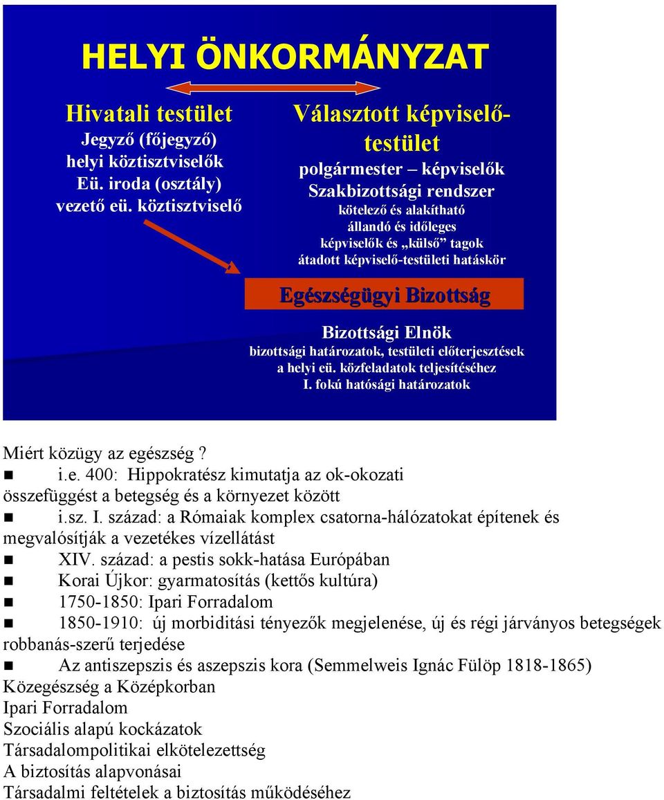 Egészs szségügyi gyi Bizottság Bizottsági Elnök bizottsági határozatok, testületi előterjesztések a helyi eü. közfeladatok teljesítéséhez I. fokú hatósági határozatok Miért közügy az egészség? i.e. 400: Hippokratész kimutatja az ok-okozati összefüggést a betegség és a környezet között i.