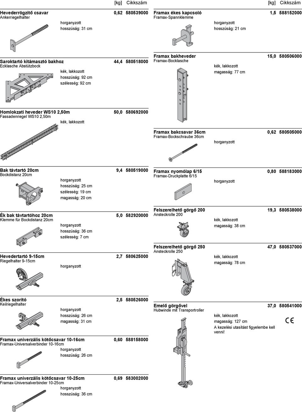 bakcsavar 36cm 0,62 580505000 Framax-Bockschraube 36cm Bak távtartó 20cm 9,4 580519000 Bockdistanz 20cm hosszúság: 25 cm szélesség: 19 cm magasság: 20 cm Ék bak távtartóhoz 20cm 5,0 582920000 Klemme