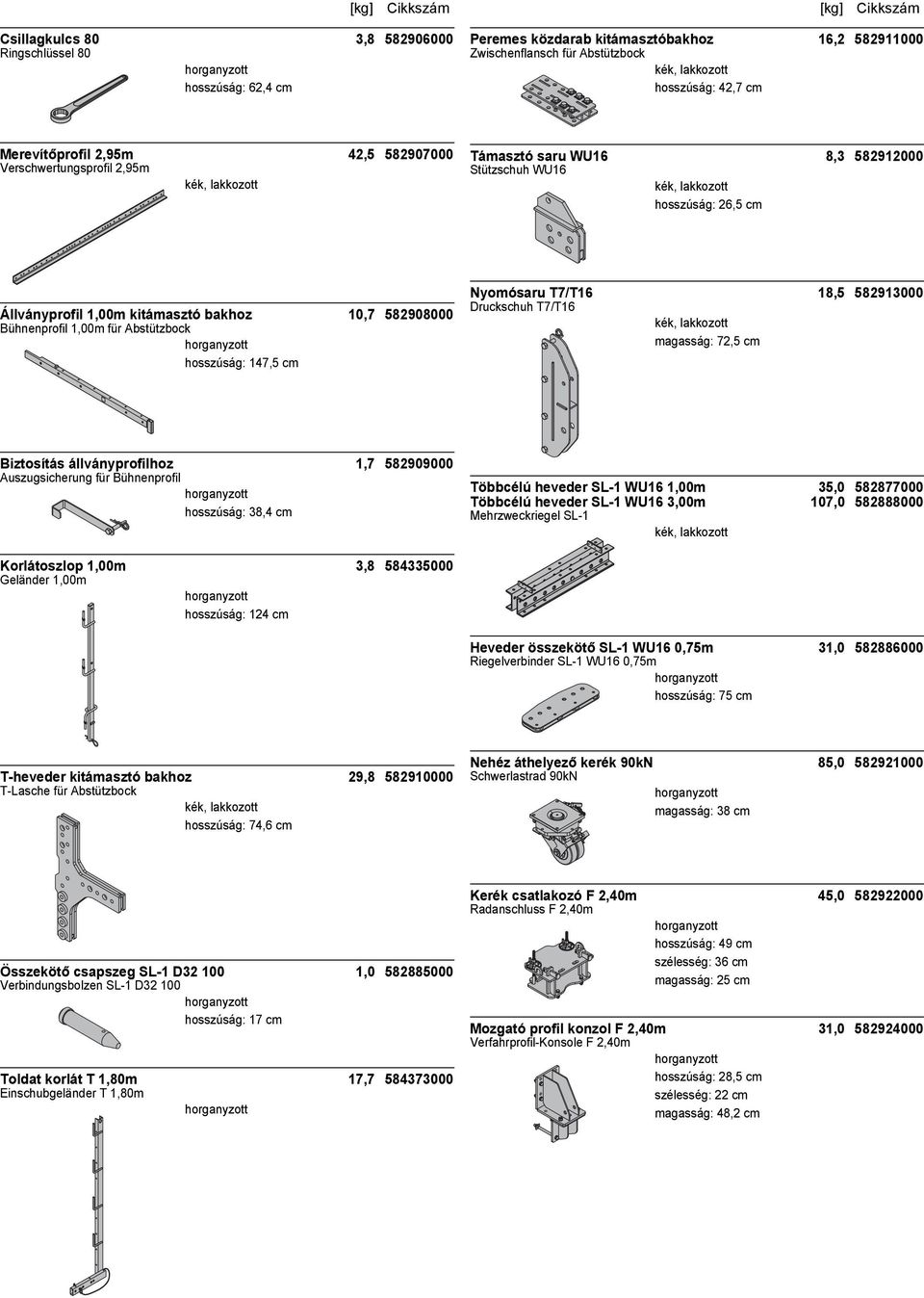 hosszúság: 147,5 cm Nyomósaru T7/T16 18,5 582913000 Druckschuh T7/T16 magasság: 72,5 cm Biztosítás állványprofilhoz 1,7 582909000 Auszugsicherung für Bühnenprofil hosszúság: 38,4 cm Többcélú heveder