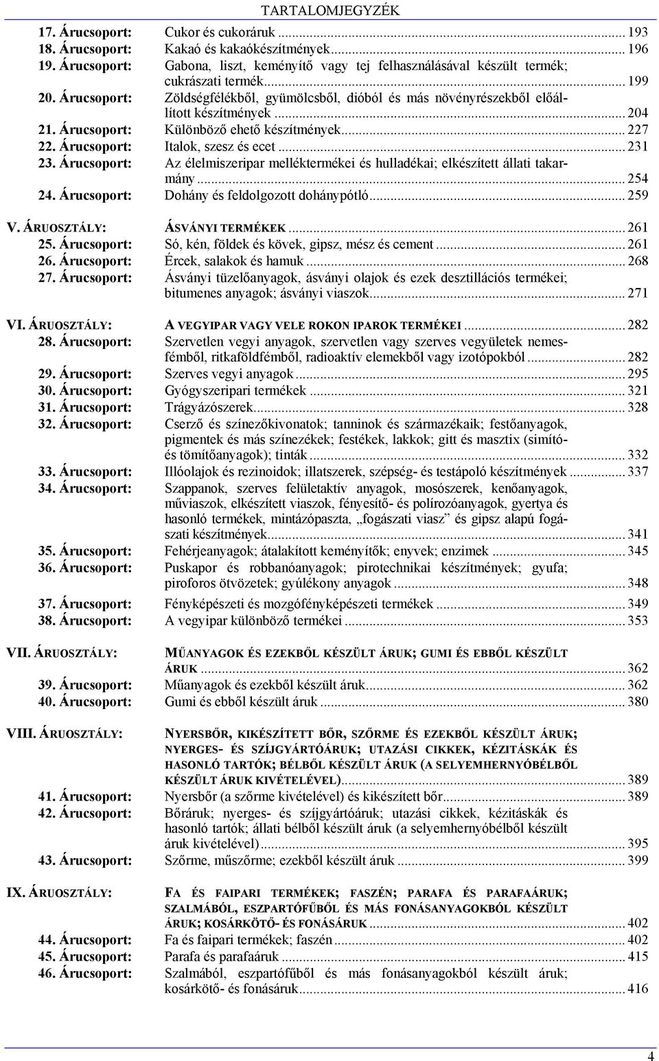 Árucsoport: Italok, szesz és ecet... 231 23. Árucsoport: Az élelmiszeripar melléktermékei és hulladékai; elkészített állati takarmány... 254 24. Árucsoport: Dohány és feldolgozott dohánypótló... 259 V.