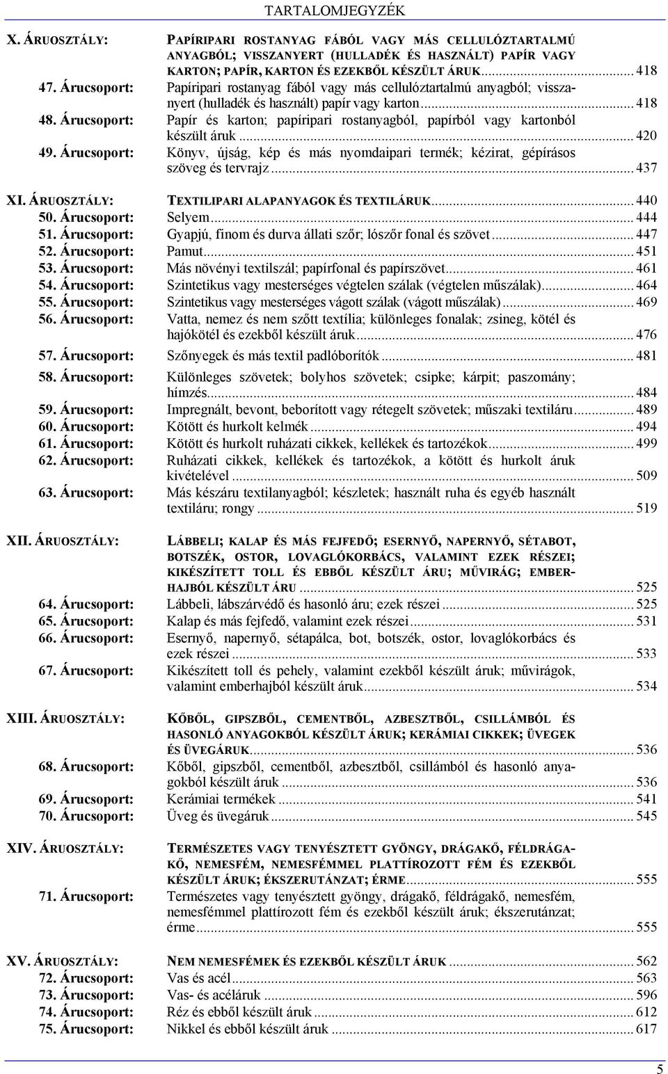 Árucsoport: Papír és karton; papíripari rostanyagból, papírból vagy kartonból készült áruk... 420 49. Árucsoport: Könyv, újság, kép és más nyomdaipari termék; kézirat, gépírásos szöveg és tervrajz.