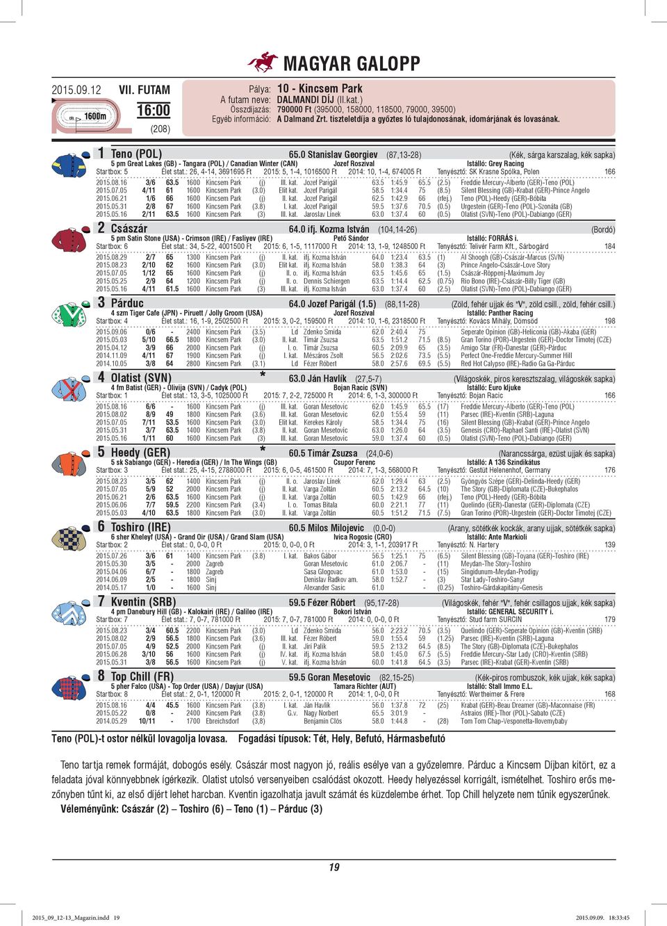 0 Stanislav Georgiev (87,13-28) (Kék, sárga karszalag, kék sapka) 5 pm Great Lakes (GB) - Tangara (POL) / Canadian Winter (CAN) Jozef Roszival Istálló: Grey Racing Startbox: 5 Élet stat.