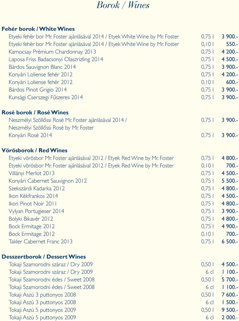 - Bárdos Sauvignon Blanc 2014 0,75 l 3 900.- Konyári Loliense fehér 2012 0,75 l 4 200.- Konyári Loliense fehér 2012 0,10 l 600.- Bárdos Pinot Grigio 2014 0,75 l 3 900.