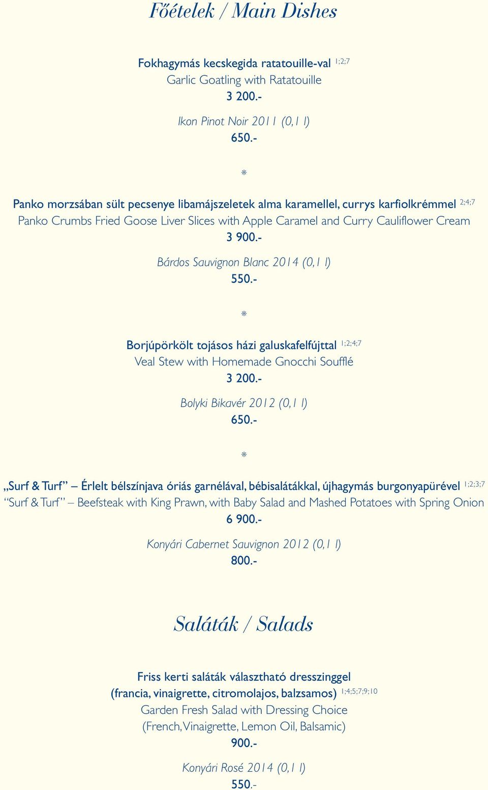 - Bárdos Sauvignon Blanc 2014 (0,1 l) Borjúpörkölt tojásos házi galuskafelfújttal 1;2;4;7 Veal Stew with Homemade Gnocchi Soufflé 3 200.- Bolyki Bikavér 2012 (0,1 l) 650.