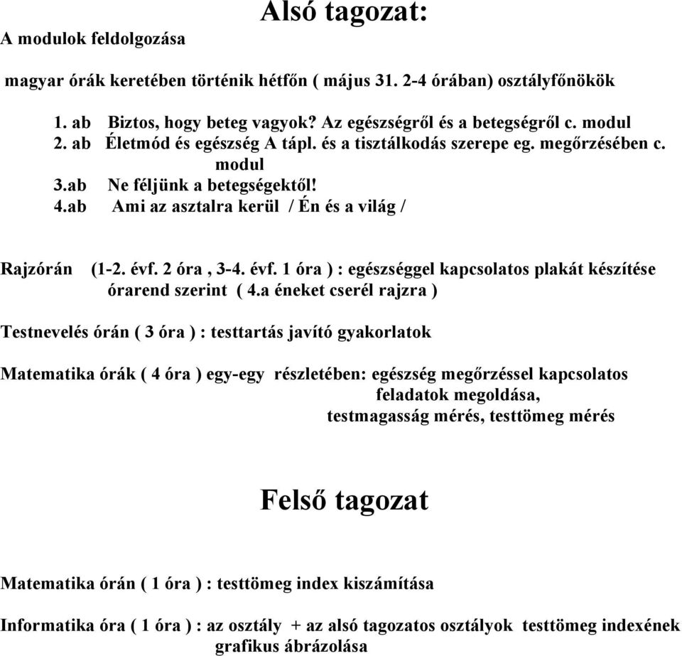 2 óra, 3-4. évf. 1 óra ) : egészséggel kapcsolatos plakát készítése órarend szerint ( 4.