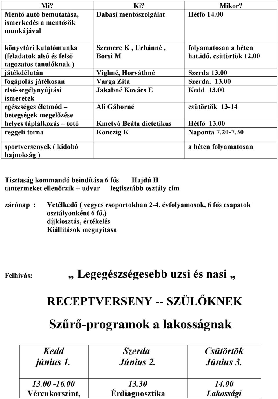 00 fogápolás játékosan Varga Zita Szerda. 13.00 első-segélynyújtási Jakabné Kovács E Kedd 13.