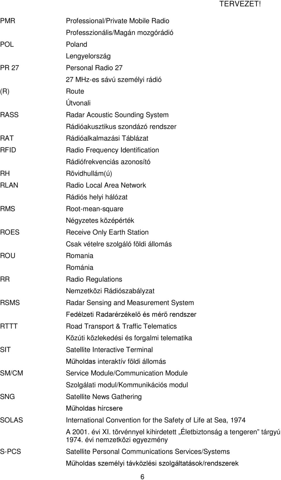 Radio Local Area Network Rádiós helyi hálózat Root-mean-square Négyzetes középérték Receive Only Earth Station Csak vételre szolgáló földi állomás Romania Románia Radio Regulations Nemzetközi