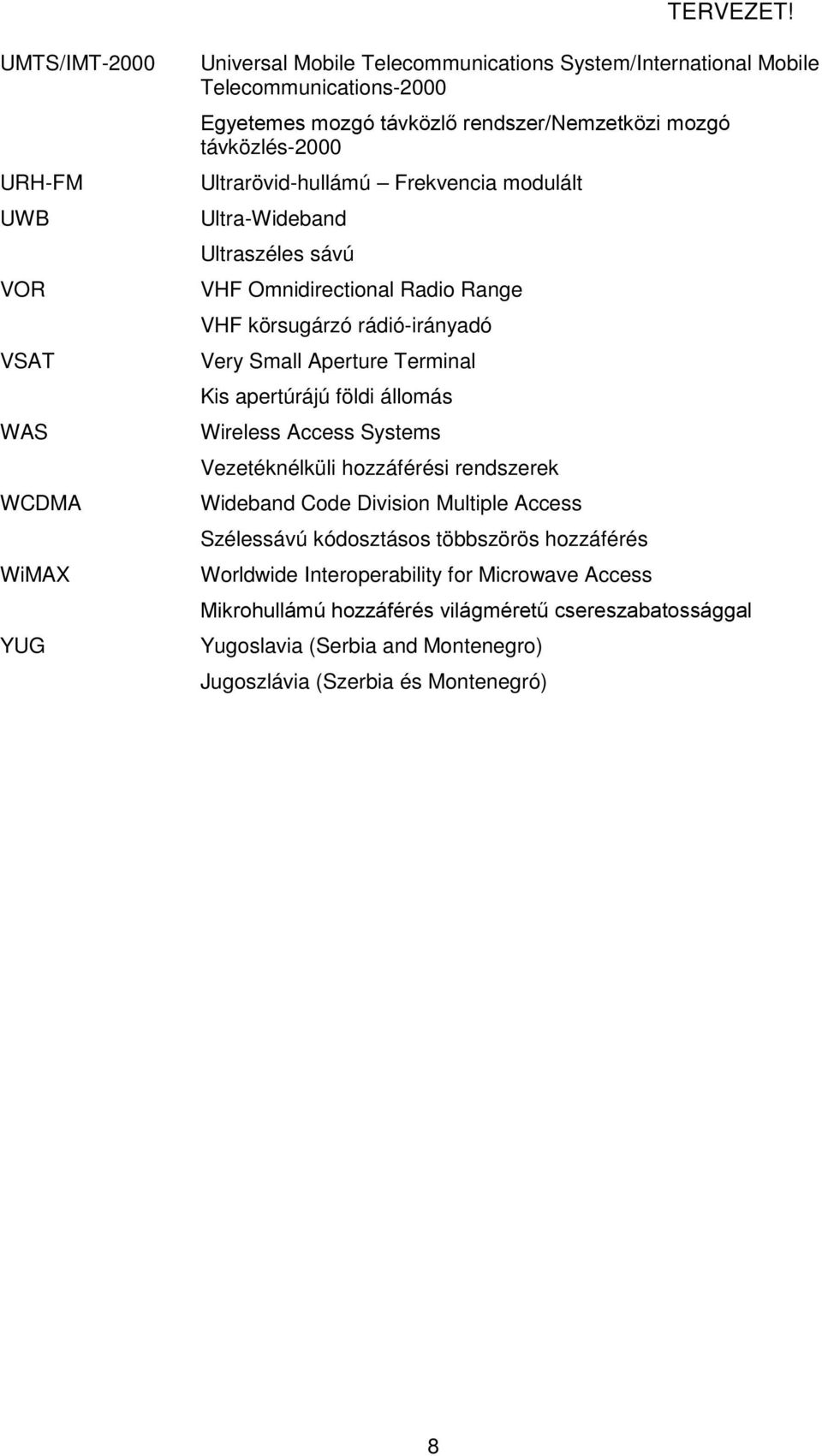 Small Aperture Terminal Kis apertúrájú földi állomás Wireless Access Systems Vezetéknélküli hozzáférési rendszerek Wideband Code Division Multiple Access Szélessávú kódosztásos