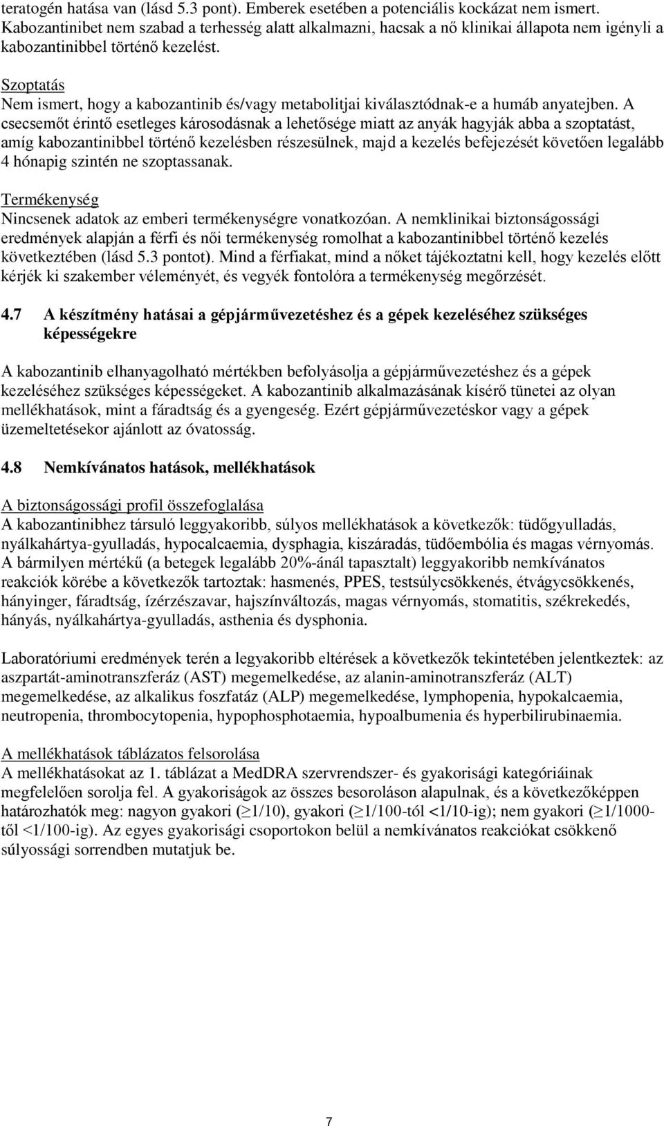 Szoptatás Nem ismert, hogy a kabozantinib és/vagy metabolitjai kiválasztódnak-e a humáb anyatejben.