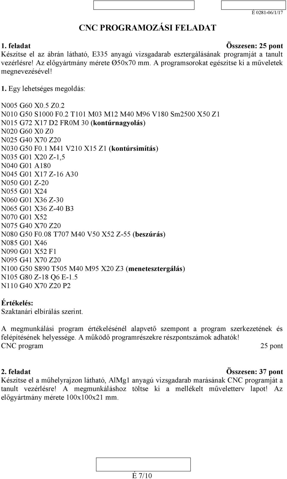 2 T1 M03 M12 M40 M96 V180 Sm2500 X50 Z1 N015 G72 X17 D2 FR0M 30 (kontúrnagyolás) N020 G60 X0 Z0 N025 G40 X70 Z20 N030 G50 F0.