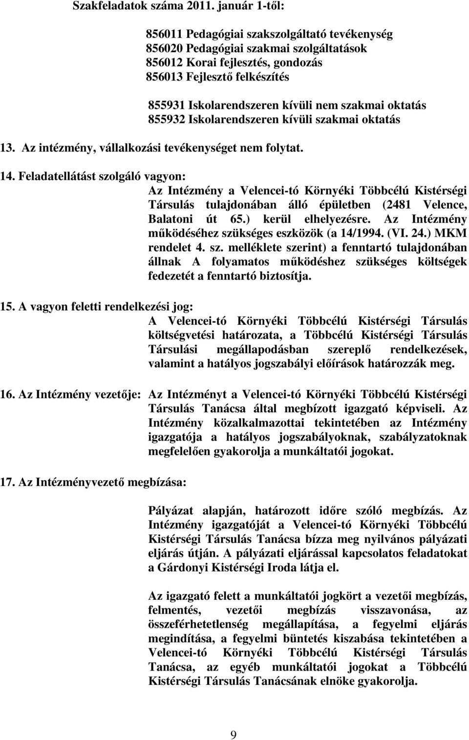 szakmai oktatás 855932 Iskolarendszeren kívüli szakmai oktatás 13. Az intézmény, vállalkozási tevékenységet nem folytat. 14.