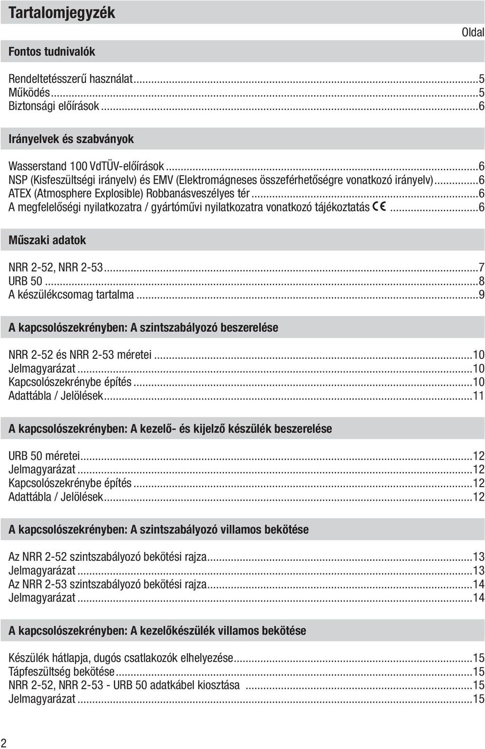 ..6 A megfelelőségi nyilatkozatra / gyártóművi nyilatkozatra vonatkozó tájékoztatás...6 Műszaki adatok NRR 2-52, NRR 2-53...7 URB 50...8 A készülékcsomag tartalma.