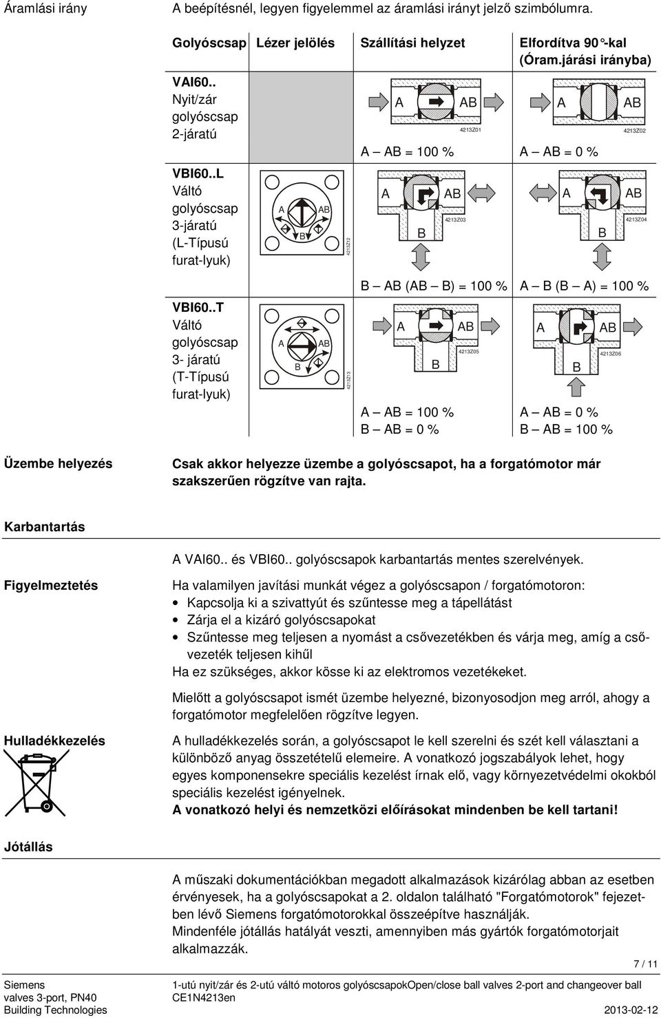 .T Váltó golyóscsap 3- járatú (T-Típusú furat-lyuk) 4213Z13 = 100 % = 0 % 4213Z05 4213Z06 = 0 % = 100 % Üzembe helyezés Csak akkor helyezze üzembe a golyóscsapot, ha a forgatómotor már szakszerűen