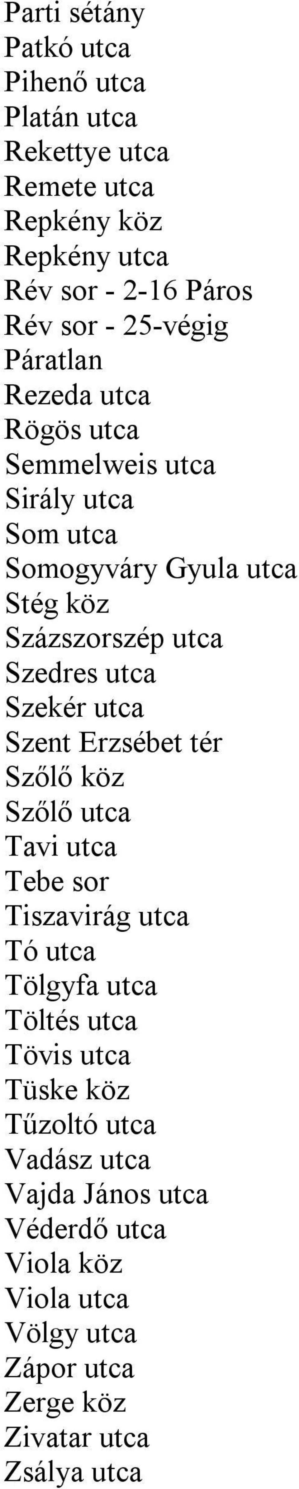 utca Szekér utca Szent Erzsébet tér Szőlő köz Szőlő utca Tavi utca Tebe sor Tiszavirág utca Tó utca Tölgyfa utca Töltés utca Tövis utca