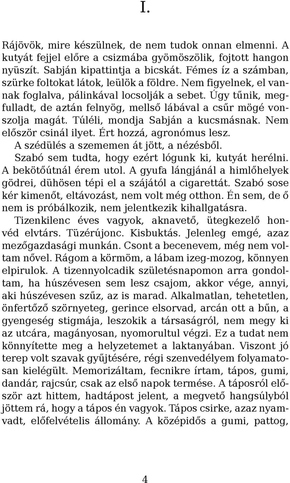 Úgy tűnik, megfulladt, de aztán felnyög, mellső lábával a csűr mögé vonszolja magát. Túléli, mondja Sabján a kucsmásnak. Nem először csinál ilyet. Ért hozzá, agronómus lesz.