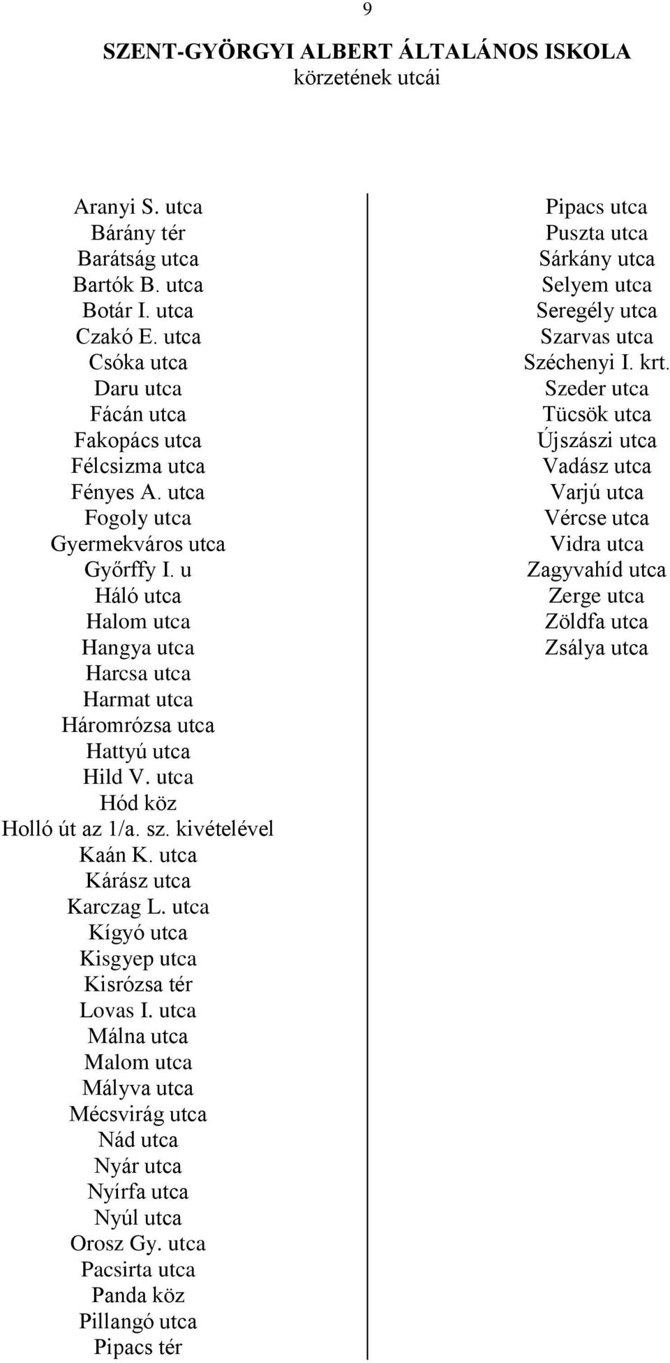 Kárász Karczag L. Kígyó Kisgyep Kisrózsa tér Lovas I. Málna Malom Mályva Mécsvirág Nád Nyár Nyírfa Nyúl Orosz Gy.