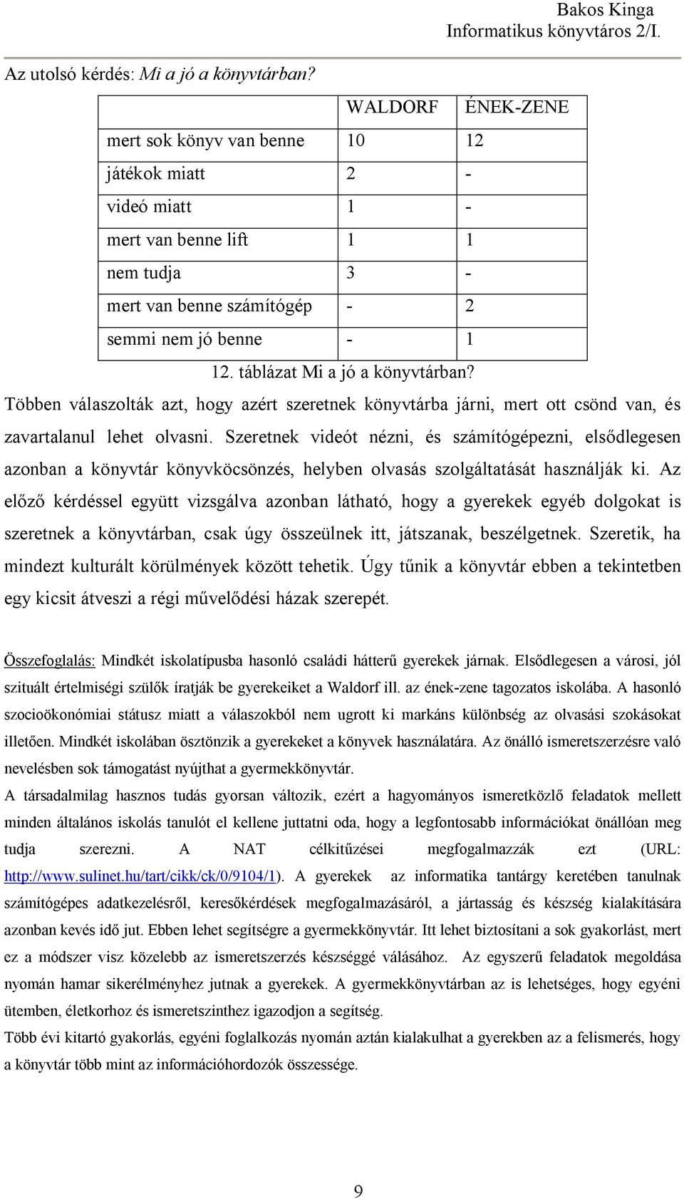 Bakos Kinga ÉNEK-ZENE Többen válaszolták azt, hogy azért szeretnek könyvtárba járni, mert ott csönd van, és zavartalanul lehet olvasni.