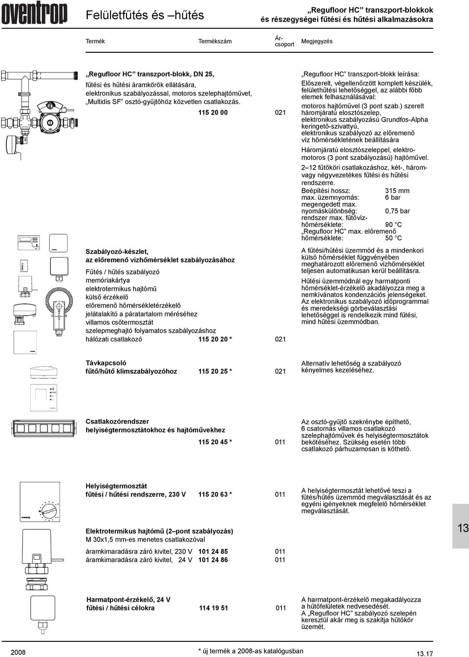 Szabályozó-készlet, az elõremenõ vízhõmérséklet szabályozásához 5 20 00 02 Fûtés / hûtés szabályozó memóriakártya elektrotermikus hajtómû külsõ érzékelõ elõremenõ hõmérsékletérzékelõ jelátalakító a