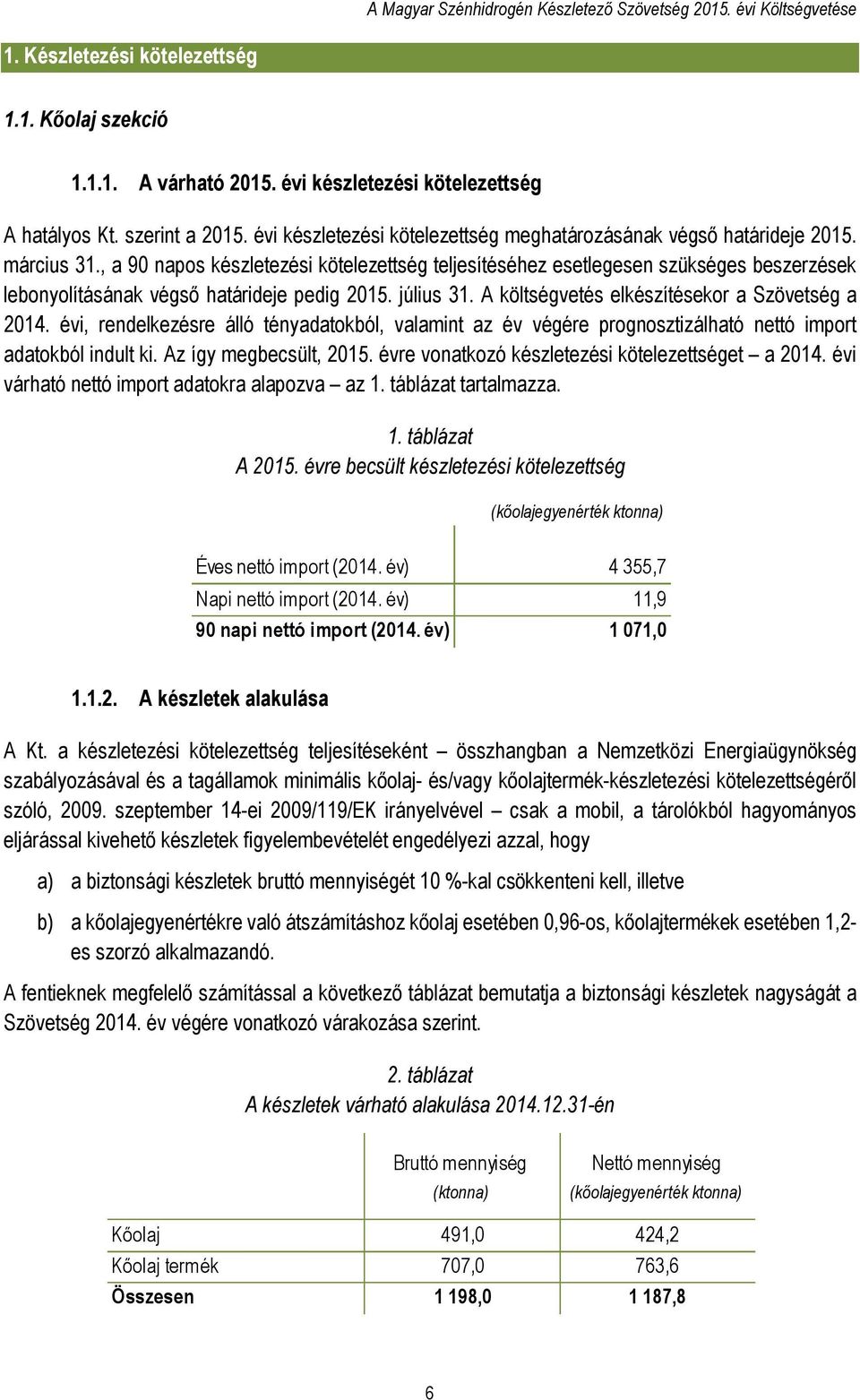 , a 90 napos készletezési kötelezettség teljesítéséhez esetlegesen szükséges beszerzések lebonyolításának végső határideje pedig 2015. július 31. A költségvetés elkészítésekor a Szövetség a 2014.