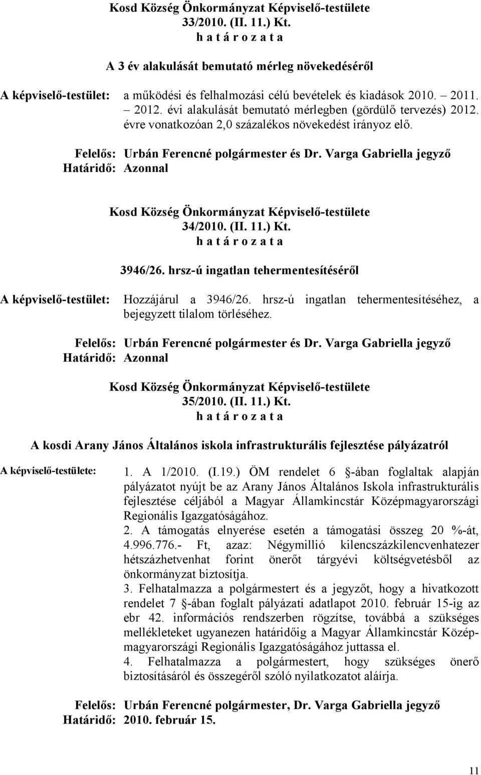 hrsz-ú ingatlan tehermentesítéséről Hozzájárul a 3946/26. hrsz-ú ingatlan tehermentesítéséhez, a bejegyzett tilalom törléséhez. és Dr. Varga Gabriella jegyző 35/2010. (II. 11.) Kt.