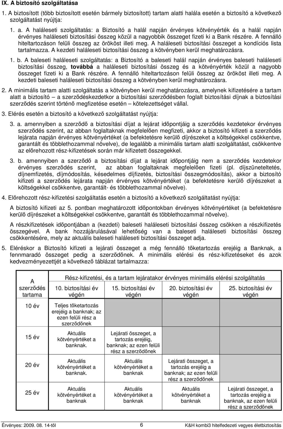 biztosító a következő szolgáltatást nyújtja: 1. a. A haláleseti szolgáltatás: a Biztosító a halál napján érvényes kötvényérték és a halál napján érvényes haláleseti biztosítási összeg közül a nagyobbik összeget fizeti ki a Bank részére.