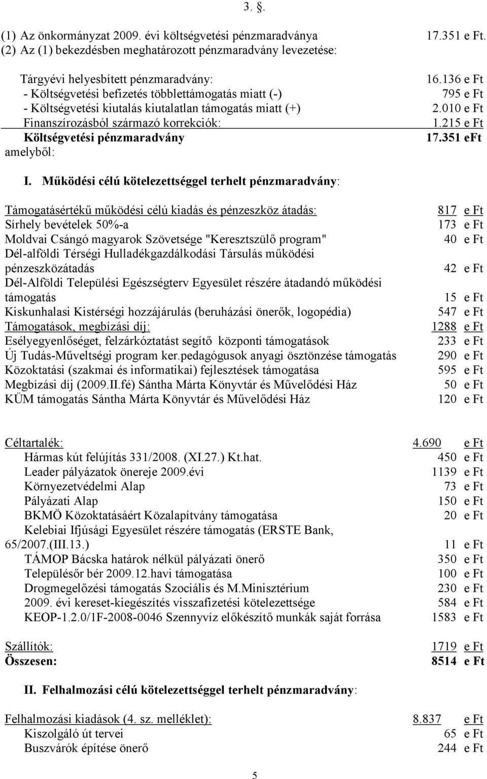 215 e Ft Költségvetési pénzmaradvány 17.351 eft amelyből: I.